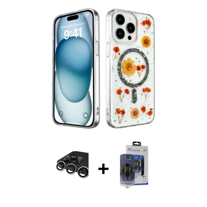 MARSİLYAN™- iPhone 15 Pro Max Kılıf Kozmos Doku - Siyah Vanessa Magic Cam + Raze Metal Kamera Lens - GS