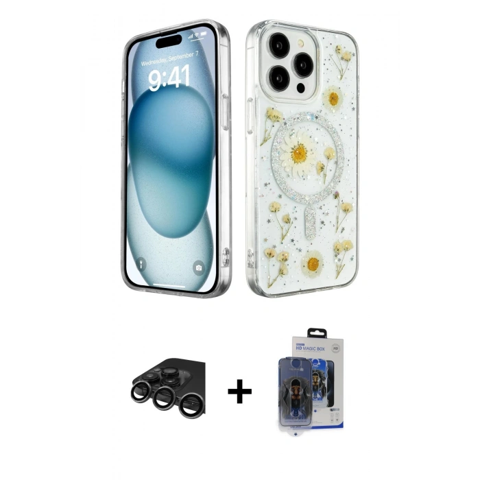 MARSİLYAN™- iPhone 15 Pro Max Kılıf Kozmos Doku - Siyah Vanessa Magic Cam + Raze Metal Kamera Lens - TMGI
