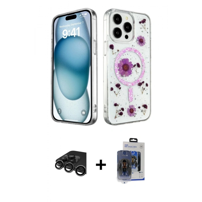 MARSİLYAN™- iPhone 15 Pro Max Kılıf Kozmos Doku - Siyah Vanessa Magic Cam + Raze Metal Kamera Lens - TMGI