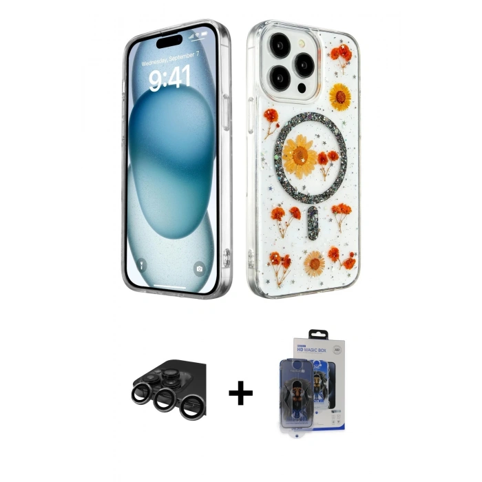 MARSİLYAN™- iPhone 15 Pro Max Kılıf Kozmos Doku - Siyah Vanessa Magic Cam + Raze Metal Kamera Lens - TMGI