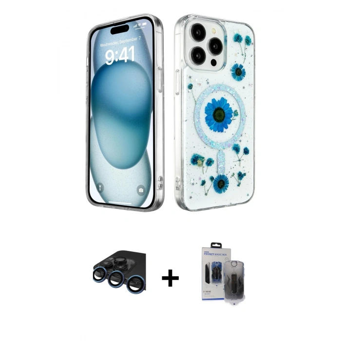 MARSİLYAN™- iPhone 15 Pro Max Kılıf Kozmos Doku - Siyah Vanessa Magic Hayalet Cam + Raze Metal Kamera Lens - LT