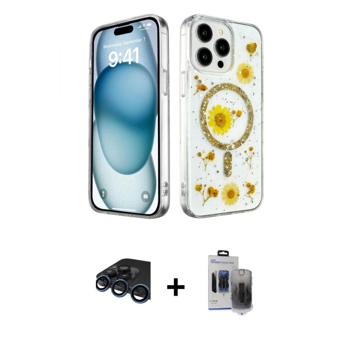 MARSİLYAN™- iPhone 15 Pro Max Kılıf Kozmos Doku - Siyah Vanessa Magic Hayalet Cam + Raze Metal Kamera Lens - LT