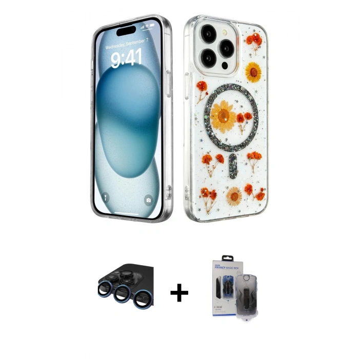 MARSİLYAN™- iPhone 15 Pro Max Kılıf Kozmos Doku - Siyah Vanessa Magic Hayalet Cam + Raze Metal Kamera Lens - LT