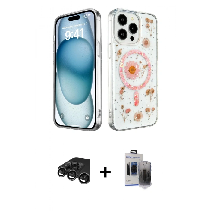 MARSİLYAN™- iPhone 15 Pro Max Kılıf Kozmos Doku - Siyah Vanessa Magic Hayalet Cam + Raze Metal Kamera Lens - TMGI