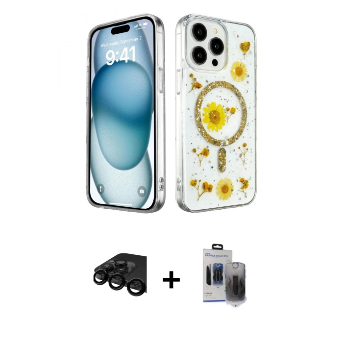 MARSİLYAN™- iPhone 15 Pro Max Kılıf Kozmos Doku - Siyah Vanessa Magic Hayalet Cam + Siyah Raze Metal Kamera Lens