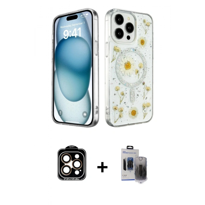 MARSİLYAN™- iPhone 15 Pro Max Kılıf Kozmos Doku - Siyah Vanessa Magic Hayalet Cam + PVD Metal Kamera Lens - TU