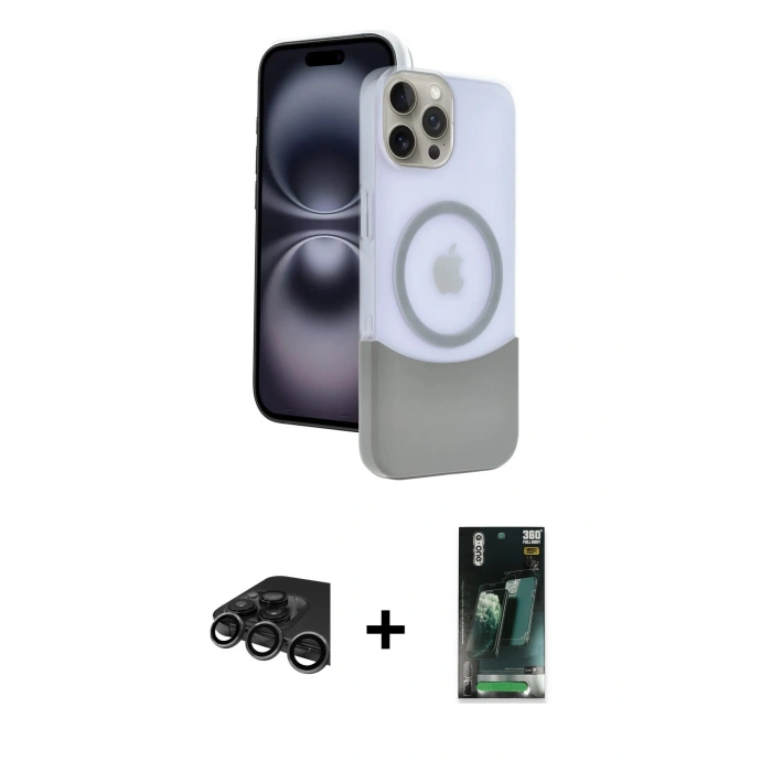 MARSİLYAN™- iPhone 15 Pro Max Kılıf Kozmos Form Özel Seri - Şeffaf 360 Full Body Arka Koruyucu + Raze Metal Kamera Lens - TMGI