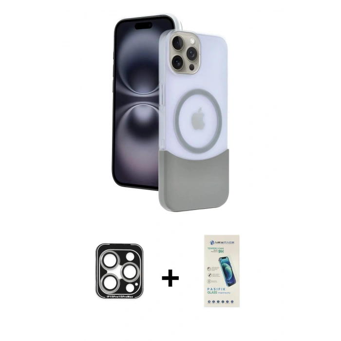 MARSİLYAN™- iPhone 15 Pro Max Kılıf Kozmos Form Özel Seri - Şeffaf Pasifik Cam Ekran Koruyucu + PVD Metal Kamera Lens - GS