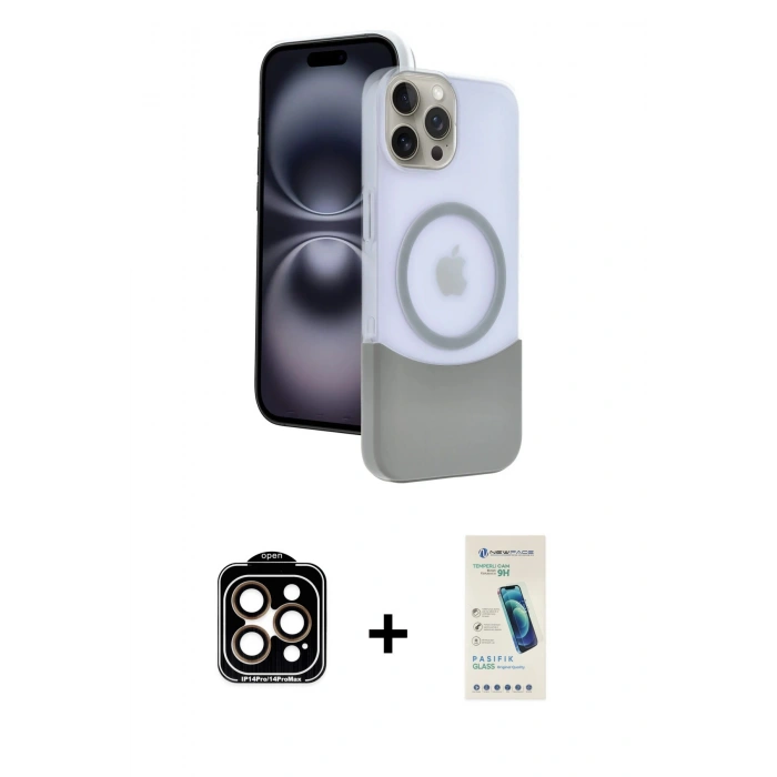MARSİLYAN™- iPhone 15 Pro Max Kılıf Kozmos Form Özel Seri - Şeffaf Pasifik Cam Ekran Koruyucu + PVD Metal Kamera Lens - TU