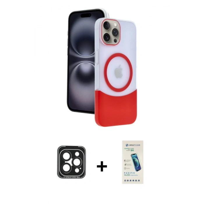 MARSİLYAN™- iPhone 15 Pro Max Kılıf Kozmos Form Özel Seri - Şeffaf Pasifik Cam Ekran Koruyucu + PVD Metal Kamera Lens - SH