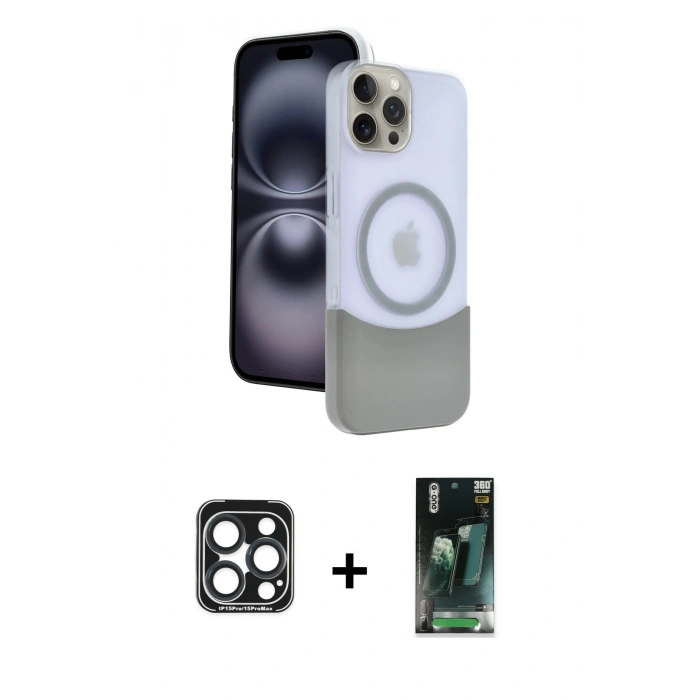 MARSİLYAN™- iPhone 15 Pro Max Kılıf Kozmos Form Özel Seri - Siyah 360 Mat Full Body Arka Koruyucu + PVD Metal Kamera Lens - LT
