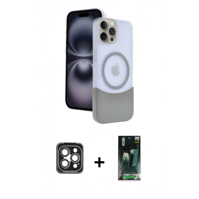 MARSİLYAN™- iPhone 15 Pro Max Kılıf Kozmos Form Özel Seri - Siyah 360 Mat Full Body Arka Koruyucu + PVD Metal Kamera Lens - GI