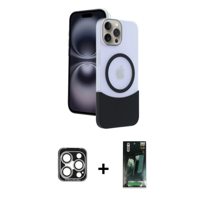 MARSİLYAN™- iPhone 15 Pro Max Kılıf Kozmos Form Özel Seri - Siyah 360 Mat Full Body Arka Koruyucu + PVD Metal Kamera Lens - GS