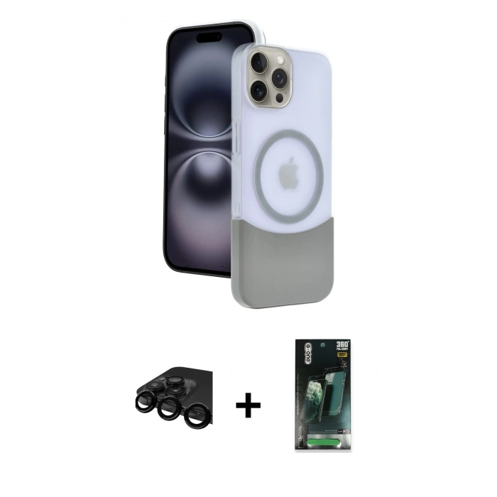 MARSİLYAN™- iPhone 15 Pro Max Kılıf Kozmos Form Özel Seri - Siyah 360 Mat Full Body Arka Koruyucu + Raze Metal Kamera Lens - SH