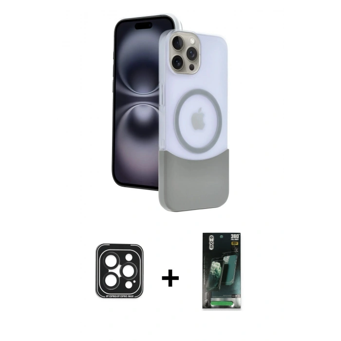 MARSİLYAN™- iPhone 15 Pro Max Kılıf Kozmos Form Özel Seri - Siyah 360 Mat Full Body Arka Koruyucu + PVD Metal Kamera Lens - SH