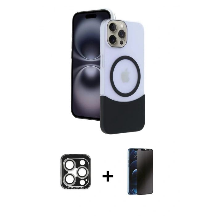 MARSİLYAN™- iPhone 15 Pro Max Kılıf Kozmos Form Özel Seri - Siyah 3D Antistatik Hayalet Cam Ekran Koruyucu + Gümüş PVD Metal Kamera Lens
