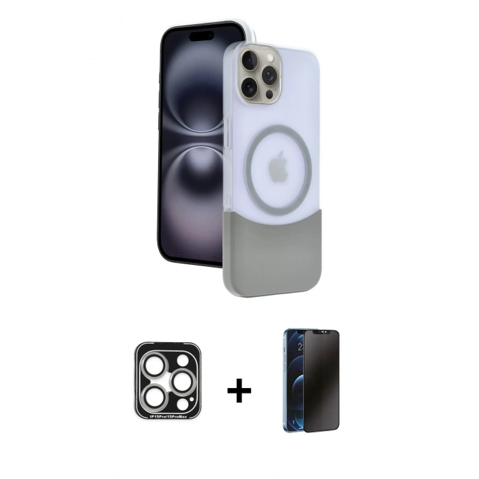 MARSİLYAN™- iPhone 15 Pro Max Kılıf Kozmos Form Özel Seri - Siyah 3D Antistatik Hayalet Cam Ekran Koruyucu + Gümüş PVD Metal Kamera Lens
