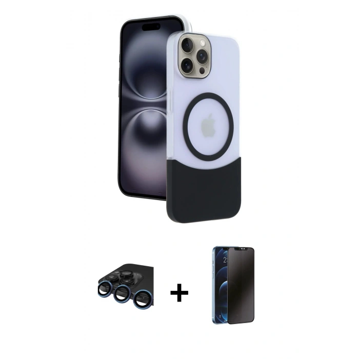 MARSİLYAN™- iPhone 15 Pro Max Kılıf Kozmos Form Özel Seri - Siyah 3D Antistatik Hayalet Cam Ekran Koruyucu + Raze Metal Kamera Lens - LT