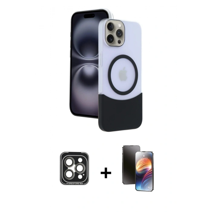 MARSİLYAN™- iPhone 15 Pro Max Kılıf Kozmos Form Özel Seri - Siyah 3D Antistatik Mat Seramik Nano Ekran Koruyucu + PVD Metal Kamera Lens - GI