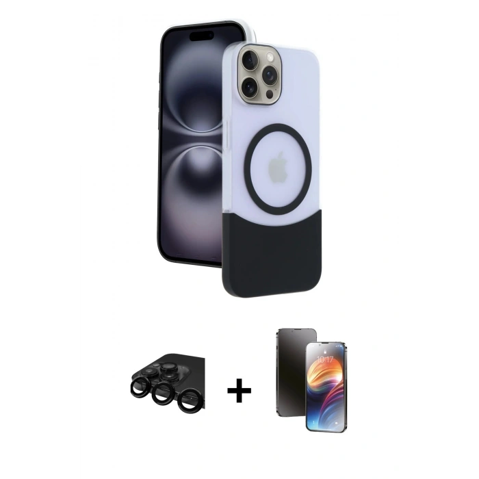 MARSİLYAN™- iPhone 15 Pro Max Kılıf Kozmos Form Özel Seri - Siyah 3D Antistatik Mat Seramik Nano Ekran Koruyucu + Siyah Raze Metal Kamera Lens