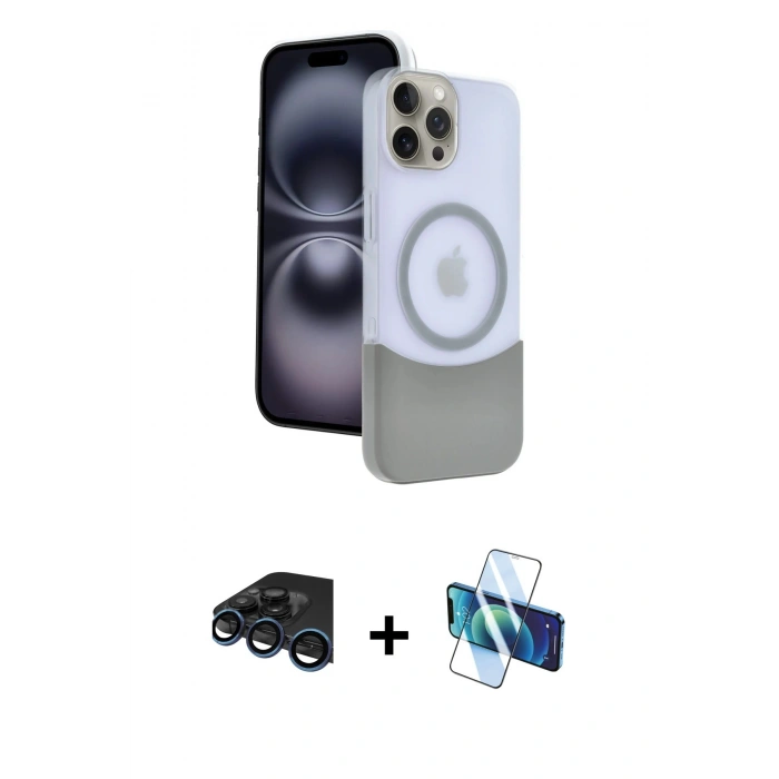MARSİLYAN™- iPhone 15 Pro Max Kılıf Kozmos Form Özel Seri - Siyah 3D Antistatik Seramik Nano Ekran Koruyucu + Lacivert Raze Metal Kamera Lens