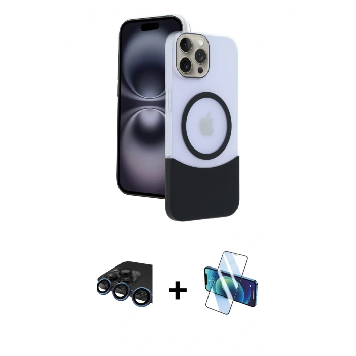 MARSİLYAN™- iPhone 15 Pro Max Kılıf Kozmos Form Özel Seri - Siyah 3D Antistatik Seramik Nano Ekran Koruyucu + Lacivert Raze Metal Kamera Lens