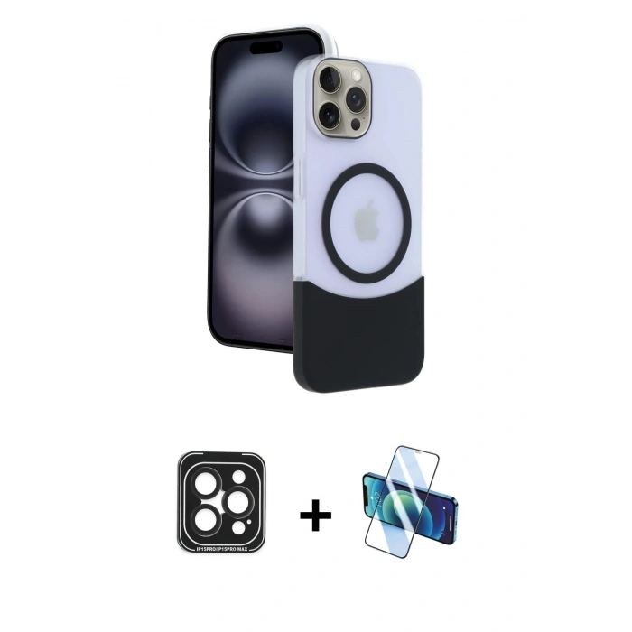 MARSİLYAN™- iPhone 15 Pro Max Kılıf Kozmos Form Özel Seri - Siyah 3D Antistatik Seramik Nano Ekran Koruyucu + PVD Metal Kamera Lens - SH