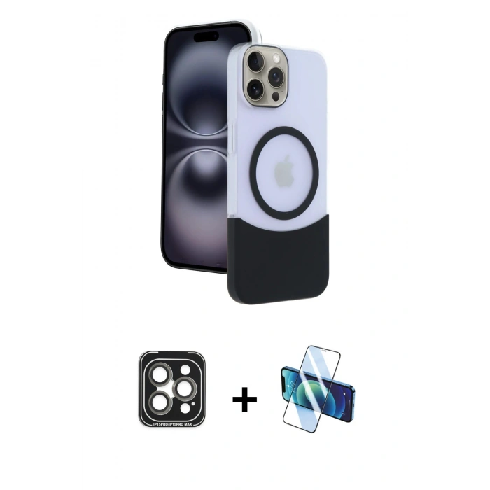 MARSİLYAN™- iPhone 15 Pro Max Kılıf Kozmos Form Özel Seri - Siyah 3D Antistatik Seramik Nano Ekran Koruyucu + PVD Metal Kamera Lens - GI