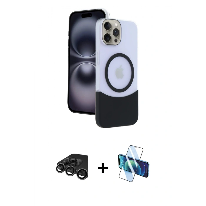 MARSİLYAN™- iPhone 15 Pro Max Kılıf Kozmos Form Özel Seri - Siyah 3D Antistatik Seramik Nano Ekran Koruyucu + Raze Metal Kamera Lens - TMGI