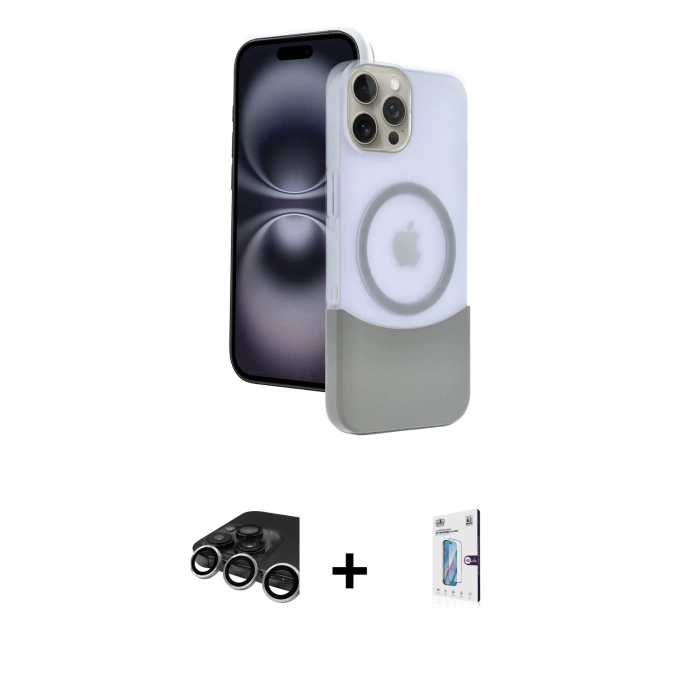 MARSİLYAN™- iPhone 15 Pro Max Kılıf Kozmos Form Özel Seri - Siyah Bilvis 0.18mm Plus Cam Ekran Koruyucu + Gümüş Raze Metal Kamera Lens