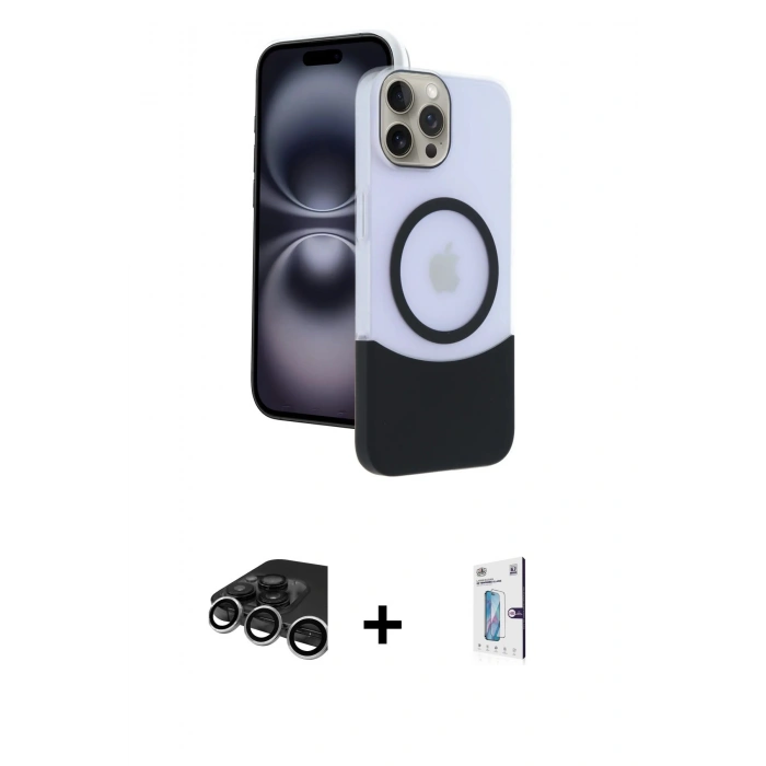 MARSİLYAN™- iPhone 15 Pro Max Kılıf Kozmos Form Özel Seri - Siyah Bilvis 0.18mm Plus Cam Ekran Koruyucu + Gümüş Raze Metal Kamera Lens