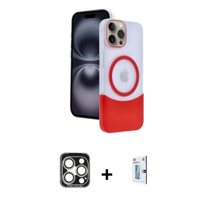 MARSİLYAN™- iPhone 15 Pro Max Kılıf Kozmos Form Özel Seri - Siyah Bilvis 0.18mm Plus Cam Ekran Koruyucu + PVD Metal Kamera Lens - GS