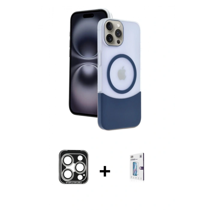MARSİLYAN™- iPhone 15 Pro Max Kılıf Kozmos Form Özel Seri - Siyah Bilvis 0.18mm Plus Cam Ekran Koruyucu + PVD Metal Kamera Lens - GS