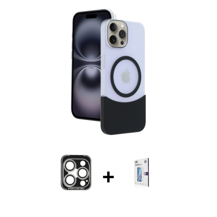 MARSİLYAN™- iPhone 15 Pro Max Kılıf Kozmos Form Özel Seri - Siyah Bilvis 0.18mm Plus Cam Ekran Koruyucu + PVD Metal Kamera Lens - GS