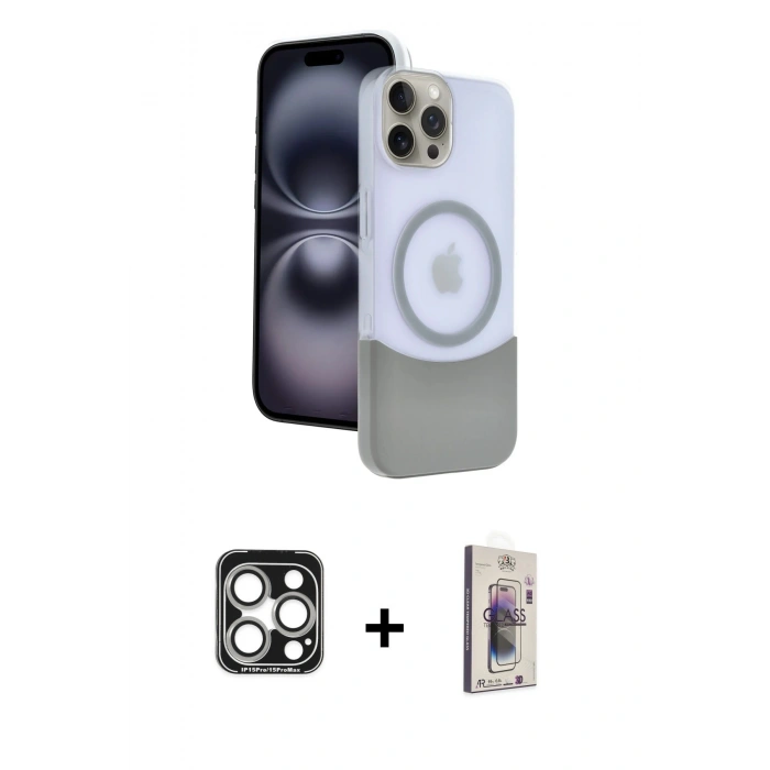 MARSİLYAN™- iPhone 15 Pro Max Kılıf Kozmos Form Özel Seri - Siyah Bilvis 3D Cam Ekran Koruyucu + PVD Metal Kamera Lens - GS