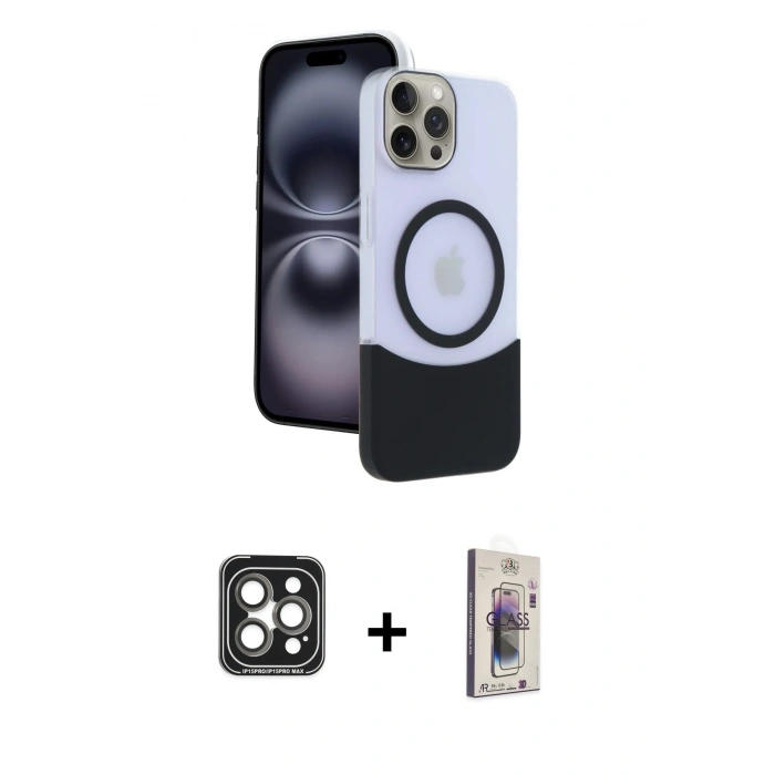 MARSİLYAN™- iPhone 15 Pro Max Kılıf Kozmos Form Özel Seri - Siyah Bilvis 3D Cam Ekran Koruyucu + PVD Metal Kamera Lens - GI