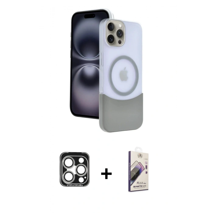 MARSİLYAN™- iPhone 15 Pro Max Kılıf Kozmos Form Özel Seri - Siyah Bilvis 3D Mat Cam Ekran Koruyucu + PVD Metal Kamera Lens - GS