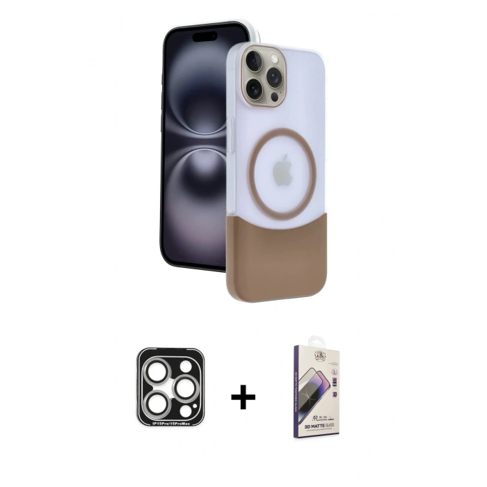 MARSİLYAN™- iPhone 15 Pro Max Kılıf Kozmos Form Özel Seri - Siyah Bilvis 3D Mat Cam Ekran Koruyucu + PVD Metal Kamera Lens - GS