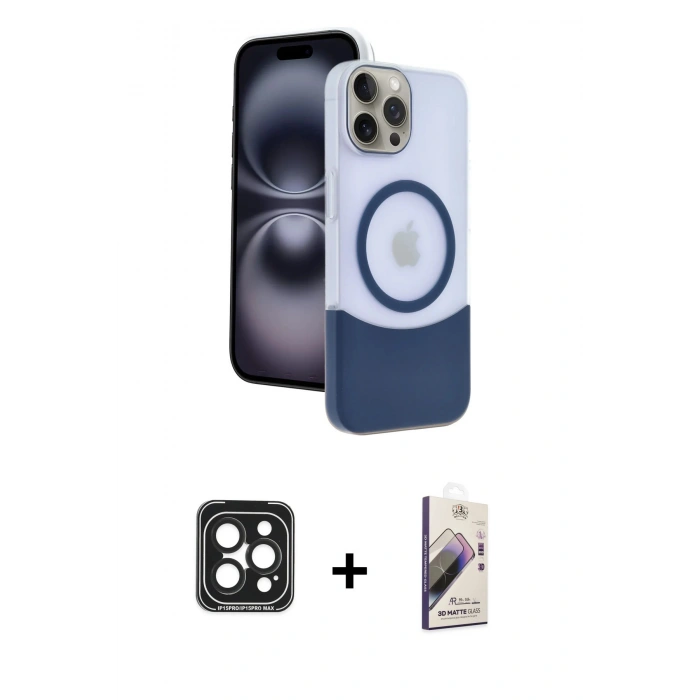 MARSİLYAN™- iPhone 15 Pro Max Kılıf Kozmos Form Özel Seri - Siyah Bilvis 3D Mat Cam Ekran Koruyucu + PVD Metal Kamera Lens - SH