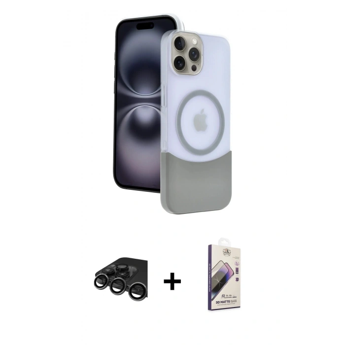 MARSİLYAN™- iPhone 15 Pro Max Kılıf Kozmos Form Özel Seri - Siyah Bilvis 3D Mat Cam Ekran Koruyucu + Raze Metal Kamera Lens - TMGI