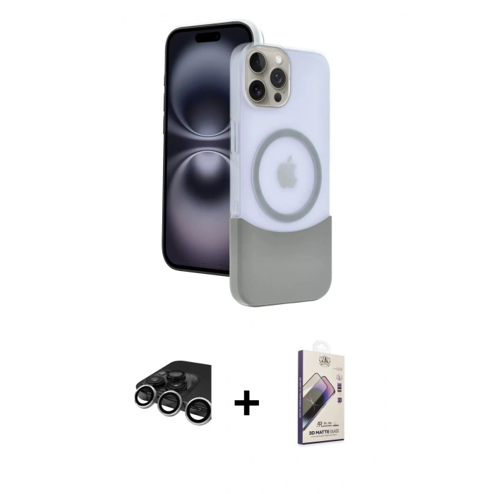 MARSİLYAN™- iPhone 15 Pro Max Kılıf Kozmos Form Özel Seri - Siyah Bilvis 3D Mat Cam Ekran Koruyucu + Raze Metal Kamera Lens - GS