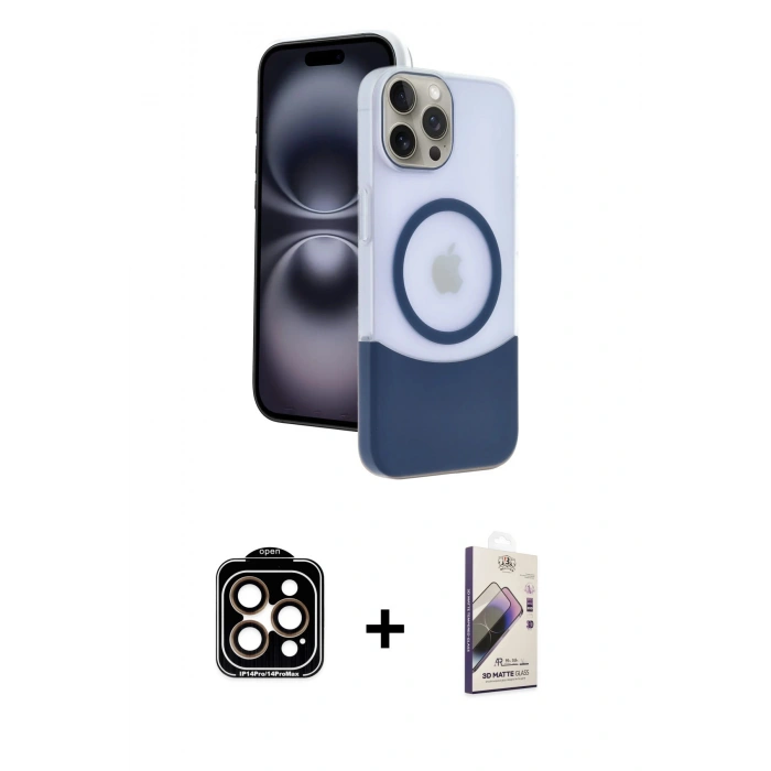 MARSİLYAN™- iPhone 15 Pro Max Kılıf Kozmos Form Özel Seri - Siyah Bilvis 3D Mat Cam Ekran Koruyucu + PVD Metal Kamera Lens - TU