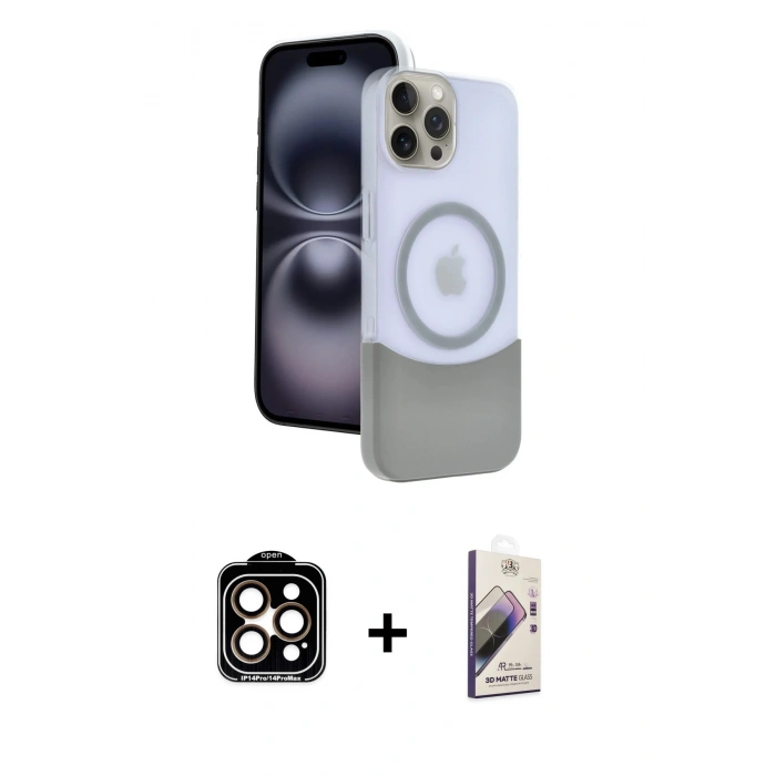 MARSİLYAN™- iPhone 15 Pro Max Kılıf Kozmos Form Özel Seri - Siyah Bilvis 3D Mat Cam Ekran Koruyucu + PVD Metal Kamera Lens - TU
