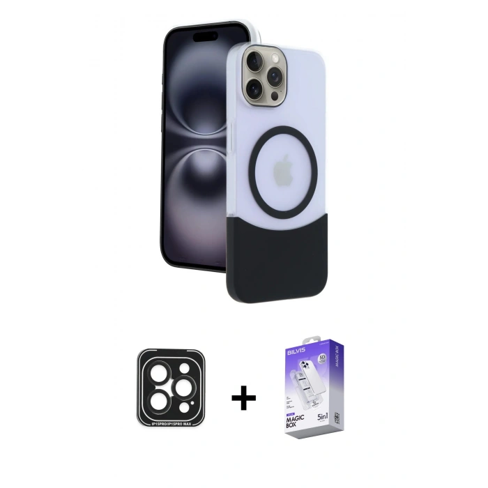 MARSİLYAN™- iPhone 15 Pro Max Kılıf Kozmos Form Özel Seri - Siyah Bilvis 5in1 3D Magic Cam Ekran Koruyucu + PVD Metal Kamera Lens - SH