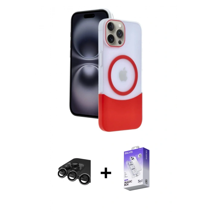 MARSİLYAN™- iPhone 15 Pro Max Kılıf Kozmos Form Özel Seri - Siyah Bilvis 5in1 3D Magic Cam Ekran Koruyucu + Titanyum Gri Raze Metal Kamera Lens