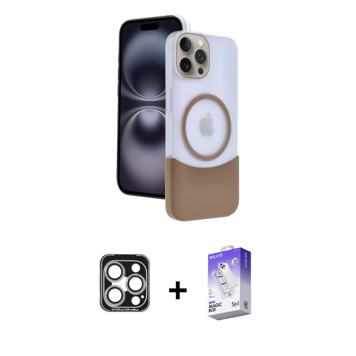 MARSİLYAN™- iPhone 15 Pro Max Kılıf Kozmos Form Özel Seri - Siyah Bilvis 5in1 3D Magic Cam Ekran Koruyucu + PVD Metal Kamera Lens - GS