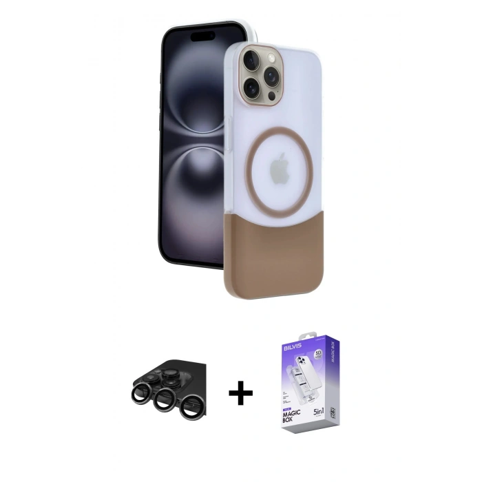 MARSİLYAN™- iPhone 15 Pro Max Kılıf Kozmos Form Özel Seri - Siyah Bilvis 5in1 3D Magic Cam Ekran Koruyucu + Titanyum Gri Raze Metal Kamera Lens