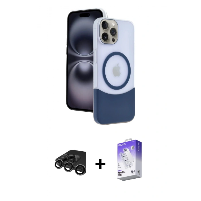 MARSİLYAN™- iPhone 15 Pro Max Kılıf Kozmos Form Özel Seri - Siyah Bilvis 5in1 3D Magic Cam Ekran Koruyucu + Titanyum Gri Raze Metal Kamera Lens