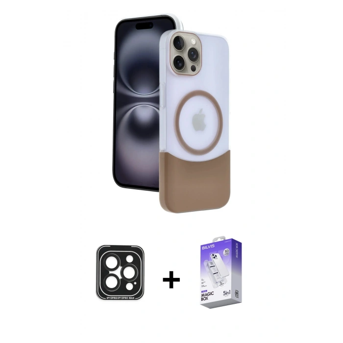 MARSİLYAN™- iPhone 15 Pro Max Kılıf Kozmos Form Özel Seri - Siyah Bilvis 5in1 3D Magic Cam Ekran Koruyucu + PVD Metal Kamera Lens - SH