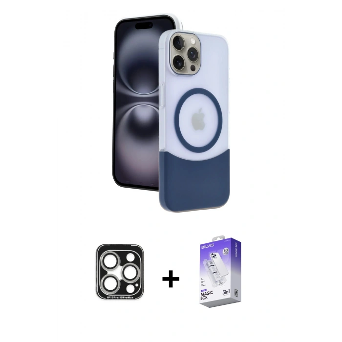 MARSİLYAN™- iPhone 15 Pro Max Kılıf Kozmos Form Özel Seri - Siyah Bilvis 5in1 3D Magic Cam Ekran Koruyucu + PVD Metal Kamera Lens - GS